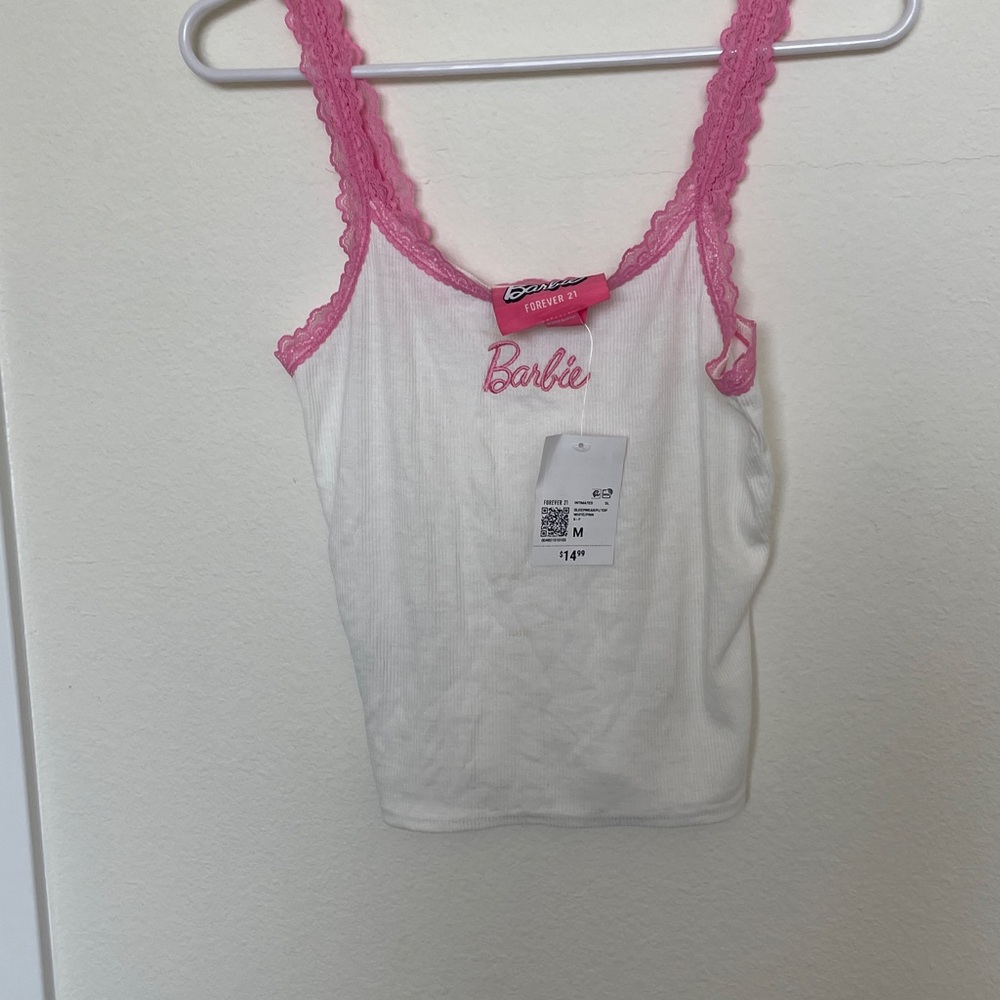 New white Barbie cammy with pink lace trim and mid waist length